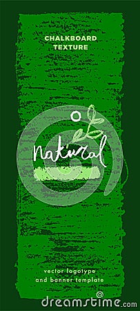 Organic food labels. Vertical hand drawn banner of Green Thinking badges on chalkboard background. Vector Illustration